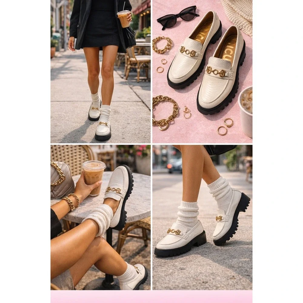 Circus by Sam Edelman Loafers Womens Size 8.5 White Lug Sole‎ Gold Hardware - Picture 3 of 10